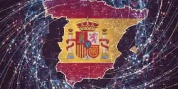 Representación abstracta de la computación cuántica con elementos futuristas y colores que evocan la bandera española, simbolizando la innovación tecnológica en España.
