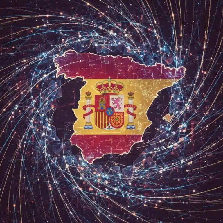 Representación abstracta de la computación cuántica con elementos futuristas y colores que evocan la bandera española, simbolizando la innovación tecnológica en España.