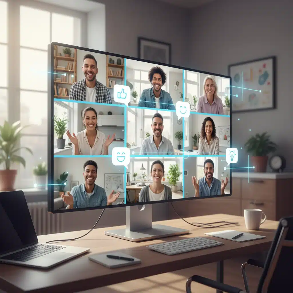 Equipo diverso en reunión virtual, comunicándose eficazmente y fomentando la conexión en el trabajo remoto.