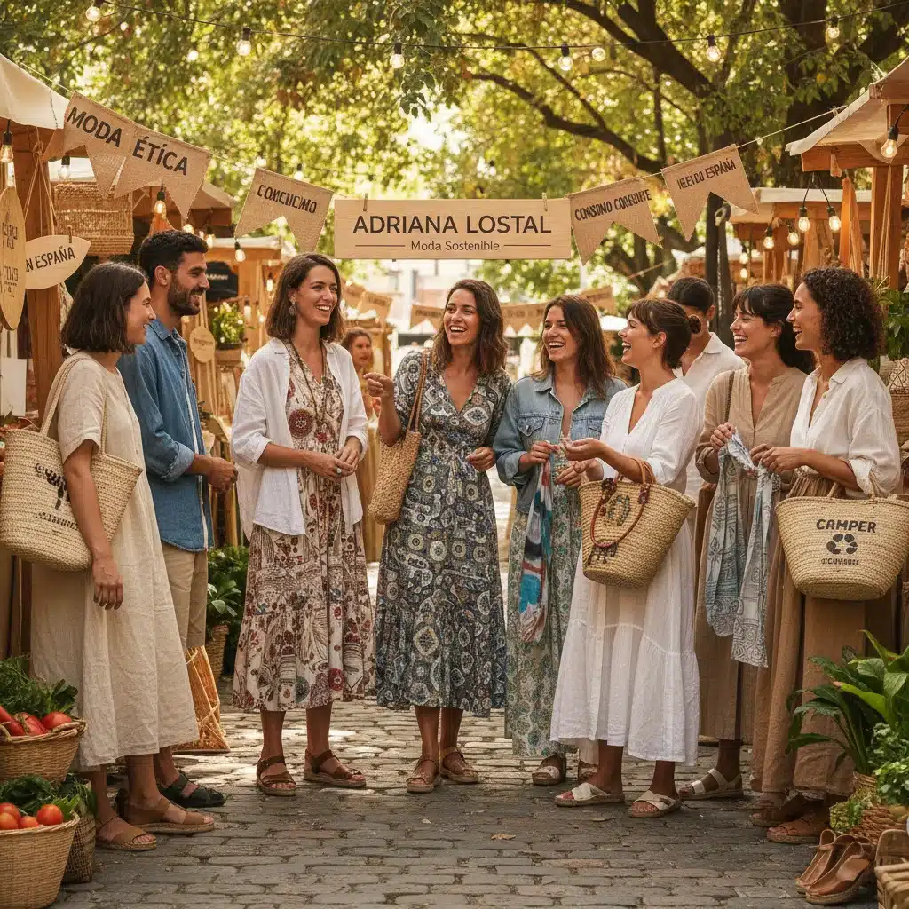 Grupo diverso de jóvenes luciendo ropa de moda sostenible de marcas españolas en un mercado al aire libre, promoviendo el consumo ético y la comunidad.