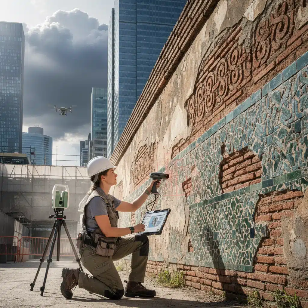 Arquitecto restaurador inspeccionando un muro mudéjar con tecnología moderna para su conservación.