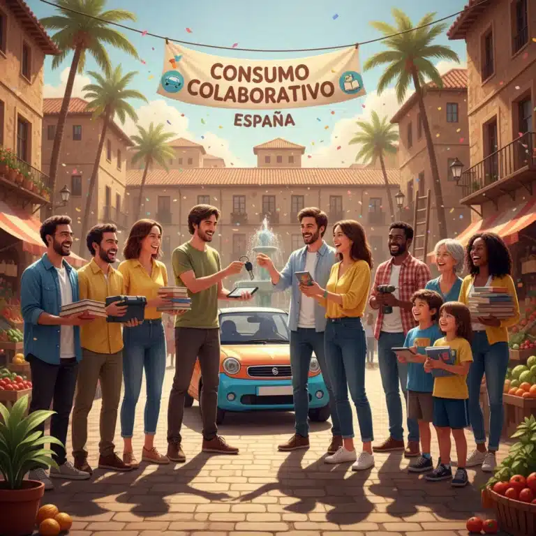 Grupo de personas españolas compartiendo bienes y servicios, representando el consumo colaborativo.