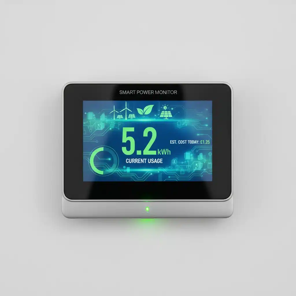 Contador inteligente mostrando el consumo eléctrico en tiempo real y símbolos de energía verde.