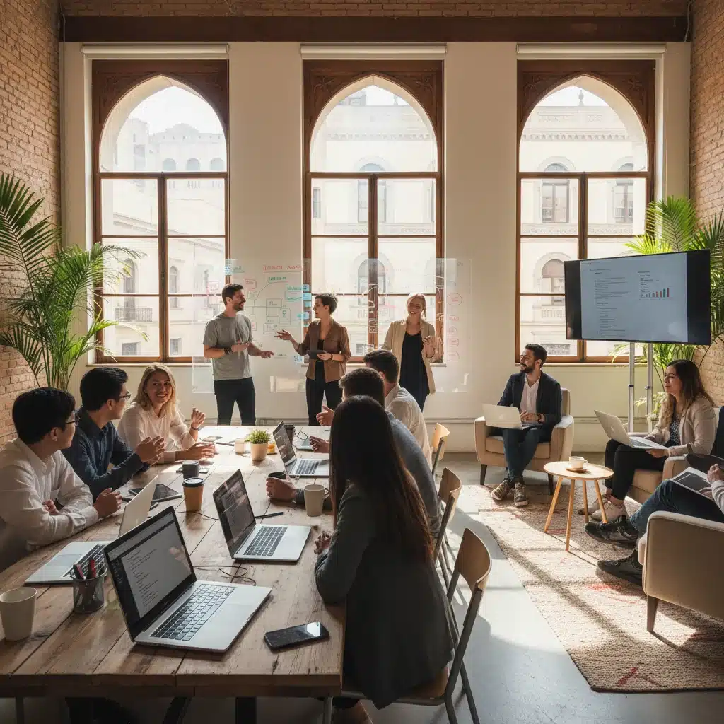 Grupo de nómadas digitales colaborando en un espacio de coworking moderno en Barcelona.