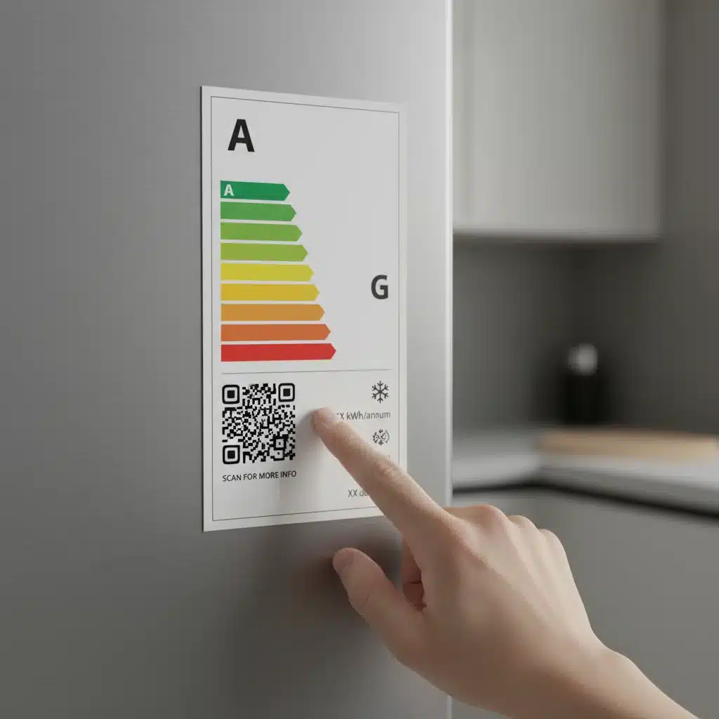 Detalle de una etiqueta energética 2026 con la escala A-G y código QR en un frigorífico, mostrando el consumo anual.