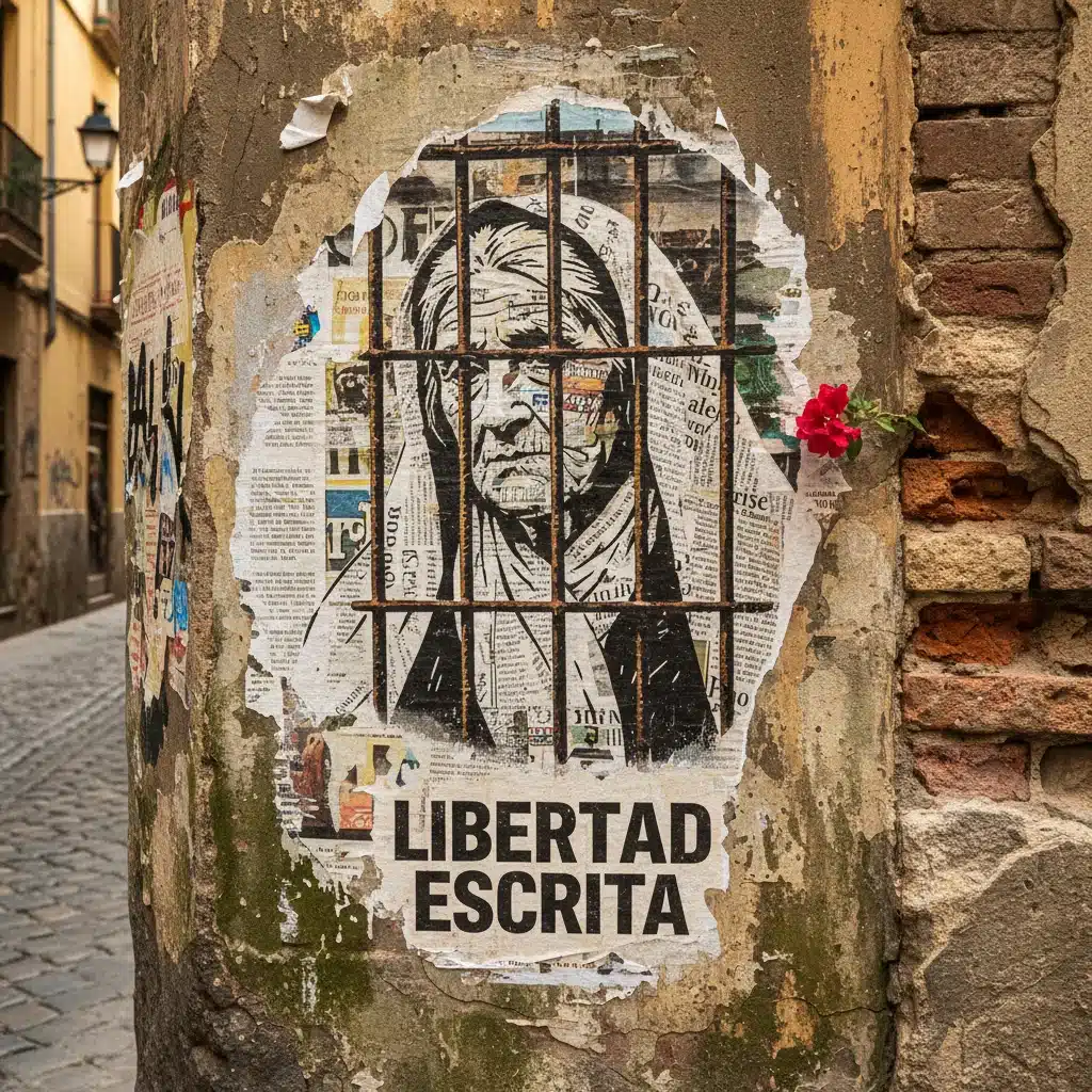 Detalle de una instalación de arte callejero con mensaje social en una pared urbana española.