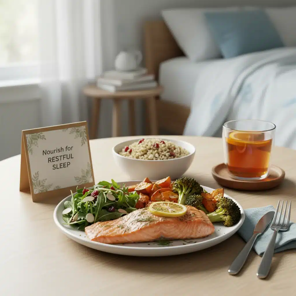 Comida saludable y equilibrada, destacando la relación entre dieta y calidad del sueño.