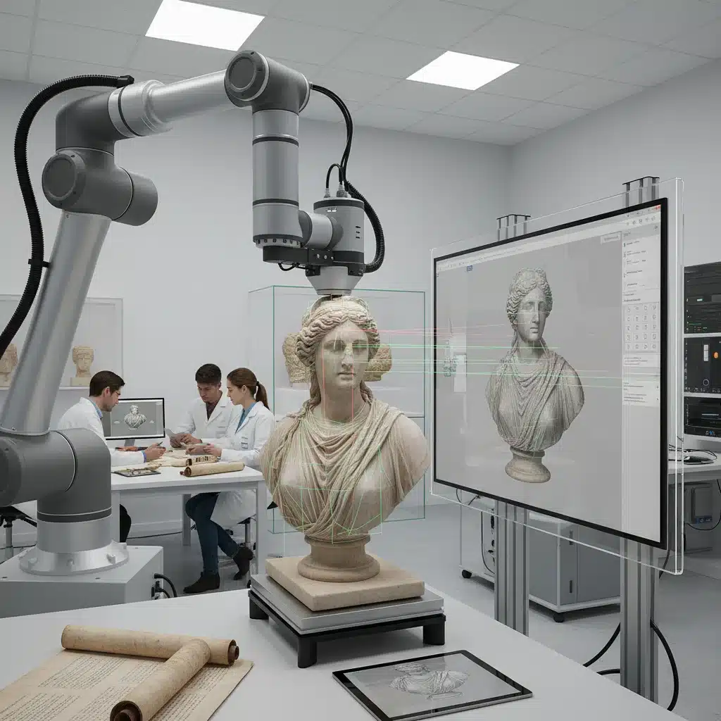 Brazo robótico escaneando una escultura histórica para digitalización 3D en un laboratorio de conservación de museo.
