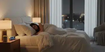Dormitorio sereno con persona durmiendo plácidamente, simbolizando hábitos de sueño saludables.