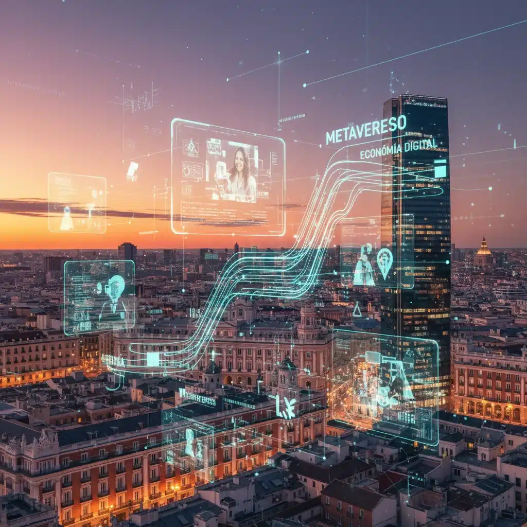 Paisaje urbano de Madrid con datos digitales superpuestos, simbolizando la economía del metaverso en España