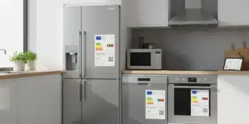 Electrodomésticos con nuevas etiquetas energéticas 2026 en una cocina moderna y luminosa, simbolizando el ahorro y la eficiencia.