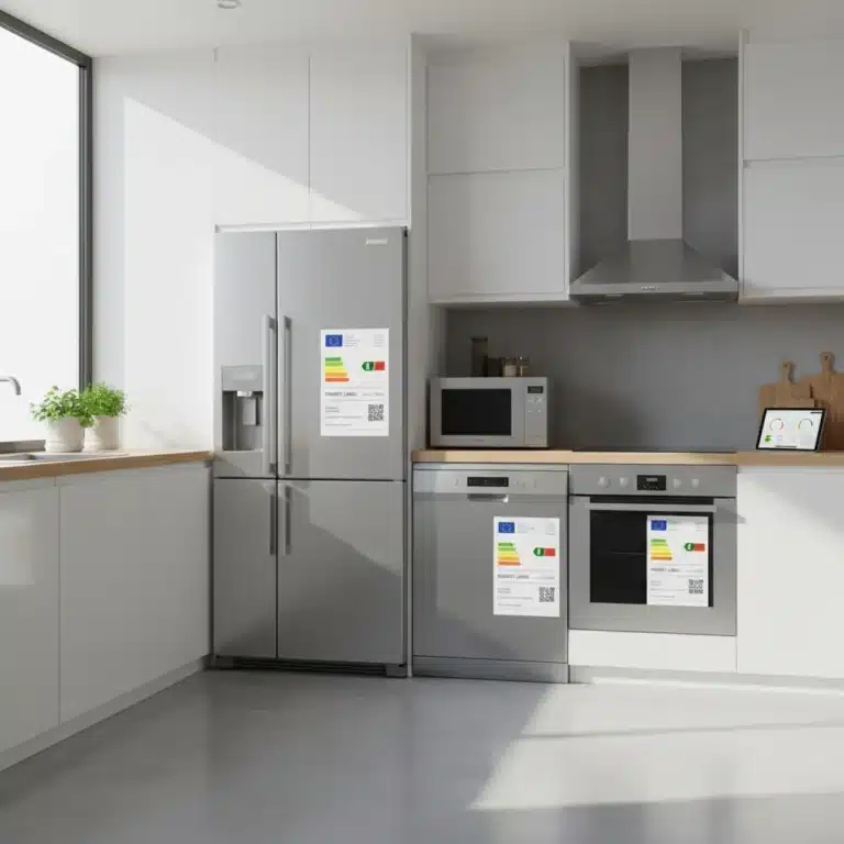 Electrodomésticos con nuevas etiquetas energéticas 2026 en una cocina moderna y luminosa, simbolizando el ahorro y la eficiencia.