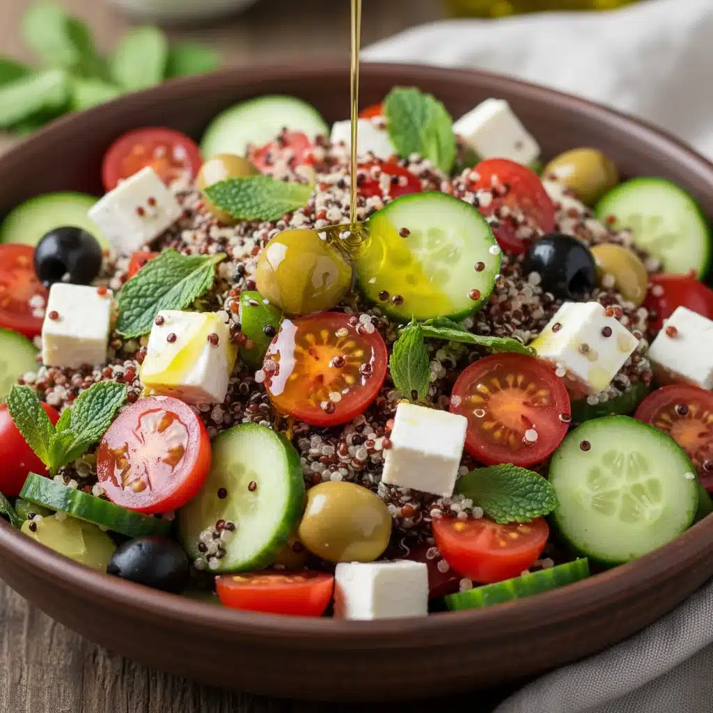 Ensalada de quinoa con verduras frescas, aceitunas y queso feta, un plato saludable mediterráneo.
