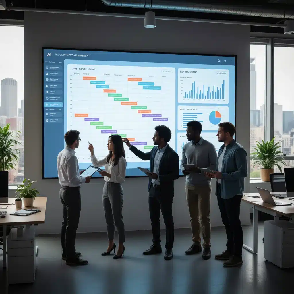 Equipo de trabajo colaborando con software de gestión de proyectos impulsado por IA.