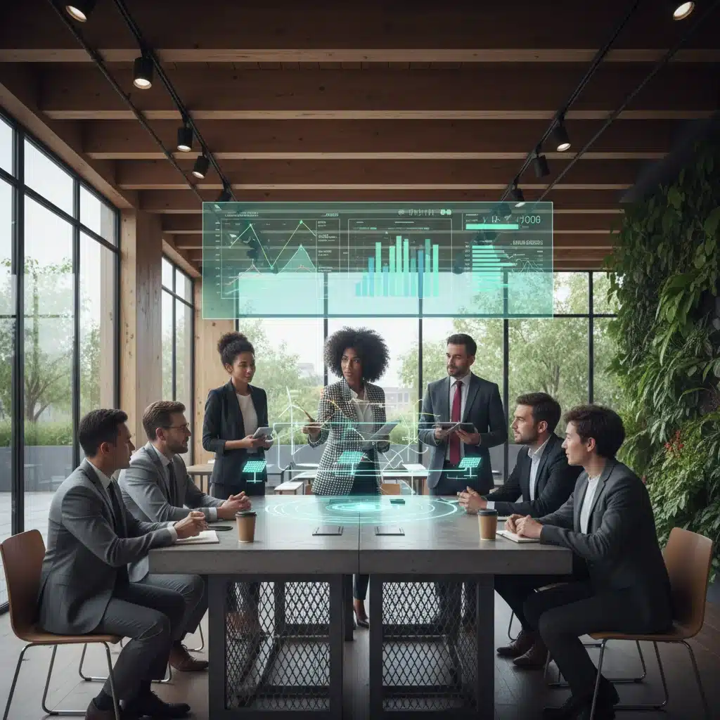 Equipo empresarial colaborando en estrategias de reducción de huella de carbono con tecnología