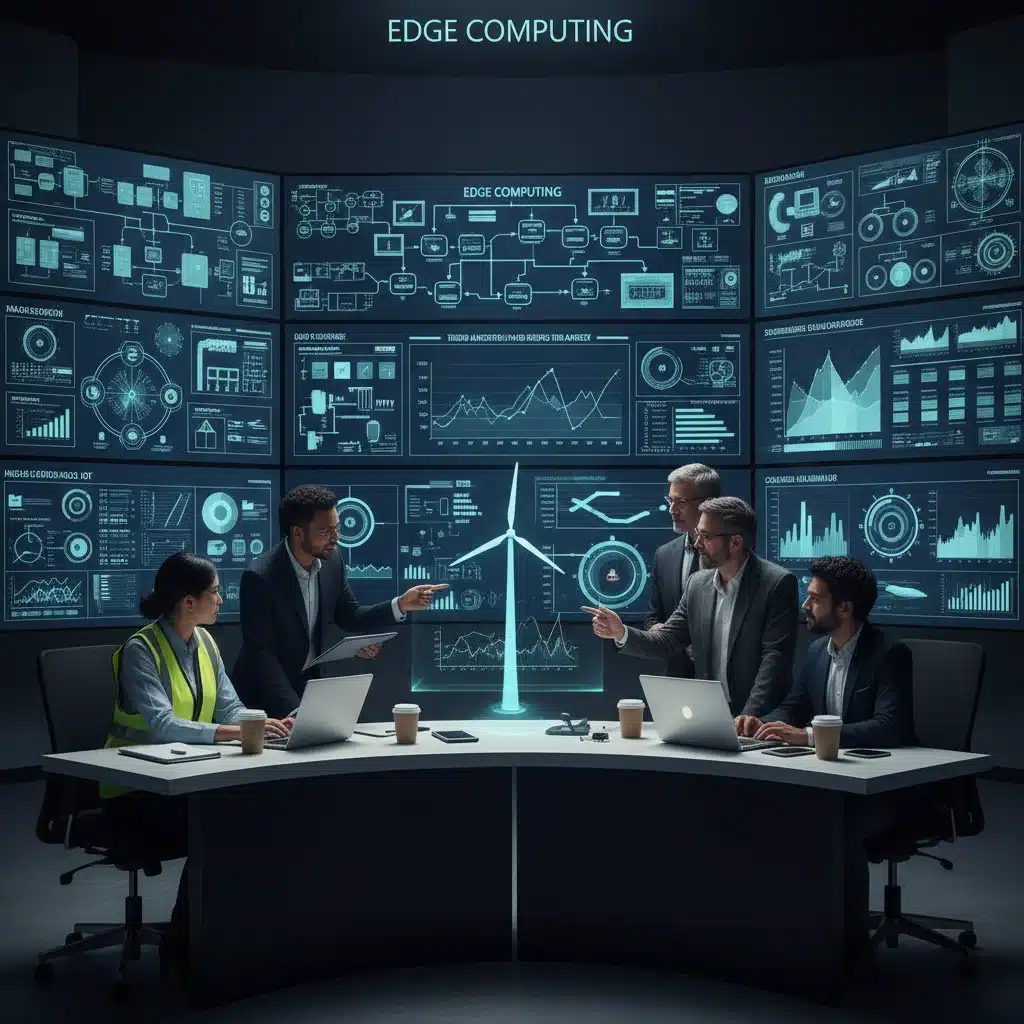 Equipo de ingenieros y técnicos colaborando en sala de control industrial con Edge Computing.