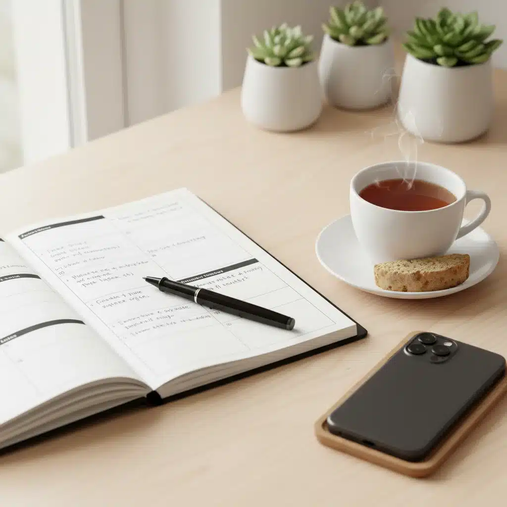 Escritorio organizado con un planificador, bolígrafo y taza de té, con el smartphone boca abajo.