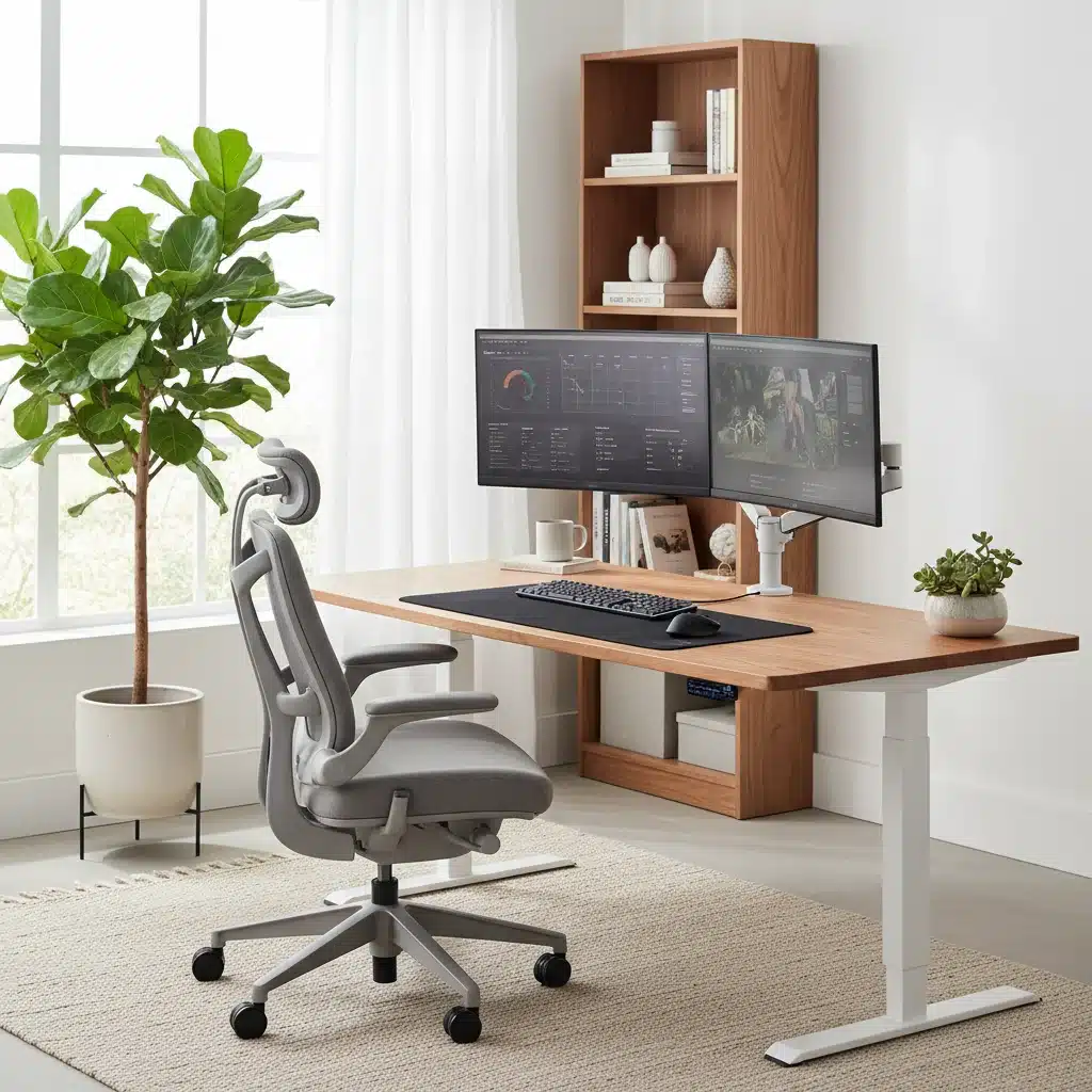 Espacio de trabajo ergonómico con escritorio de altura ajustable y silla cómoda