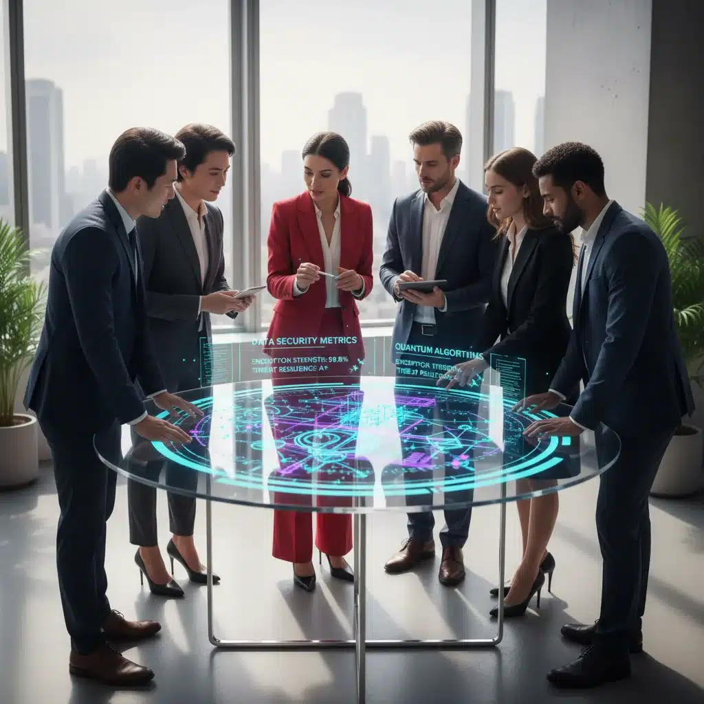 Profesionales de negocios analizando datos de seguridad y algoritmos cuánticos en una pantalla holográfica para estrategias de ciberseguridad.