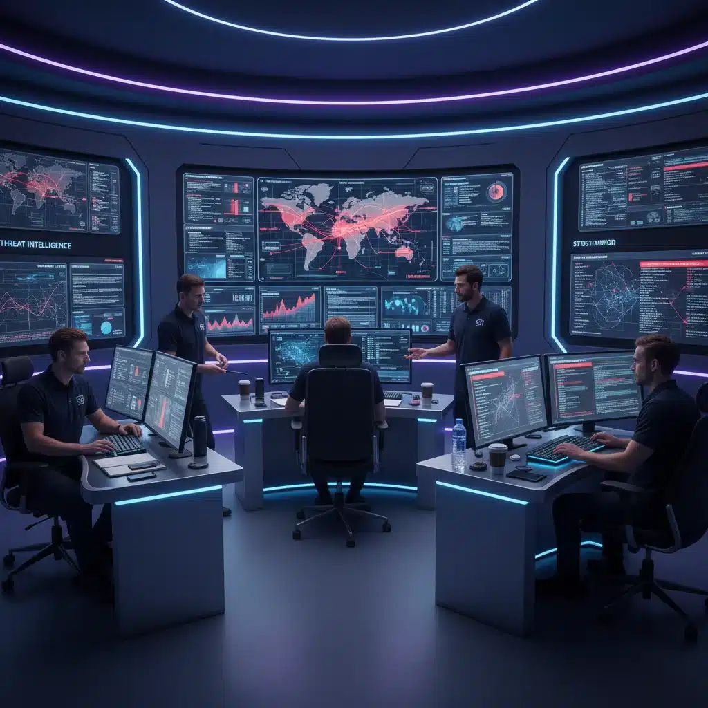 Equipo de expertos en ciberseguridad monitorizando amenazas en una sala de control.
