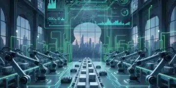 Edge Computing en España: Optimizando la Latencia Industrial 4.0 Fábrica futurista española con robots y redes Edge Computing optimizando la latencia industrial.