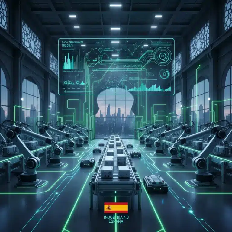 Fábrica futurista española con robots y redes Edge Computing optimizando la latencia industrial.