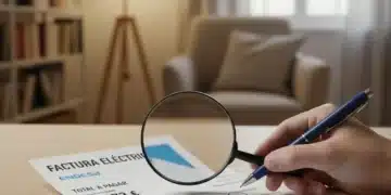 Factura de la luz española con lupa y bolígrafo, simbolizando el análisis y el control del gasto energético.