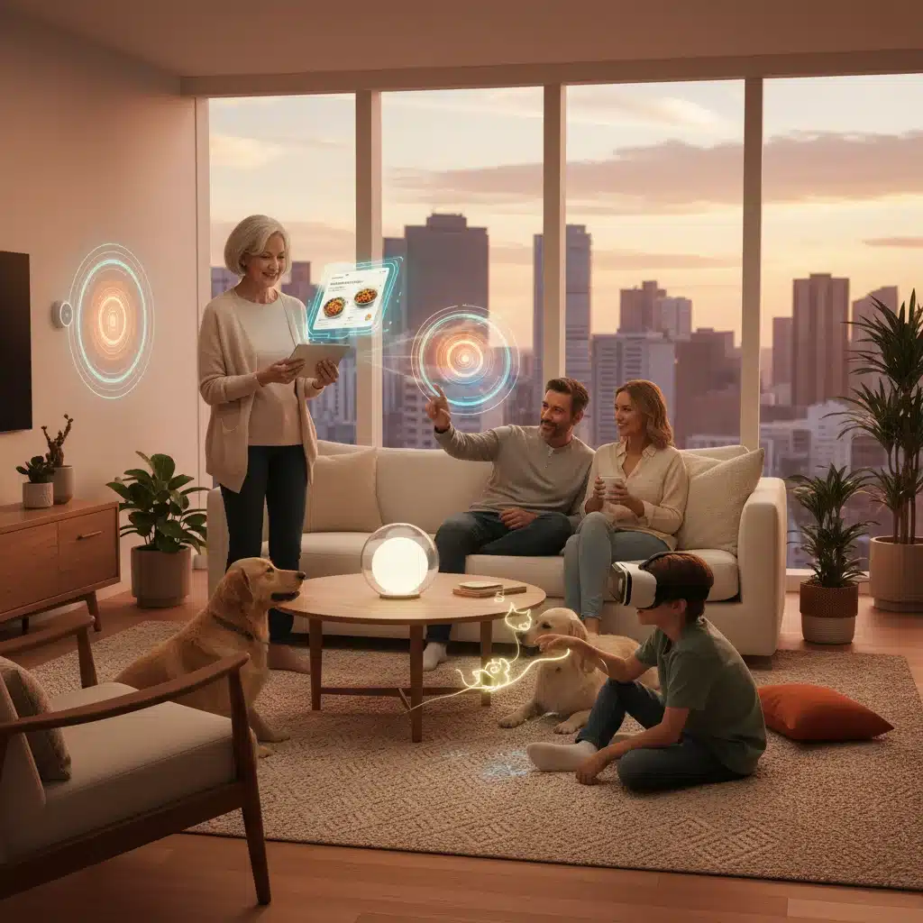 Familia interactuando naturalmente con un asistente de IA contextual en su sala de estar, mostrando la integración de la IA en la vida diaria.