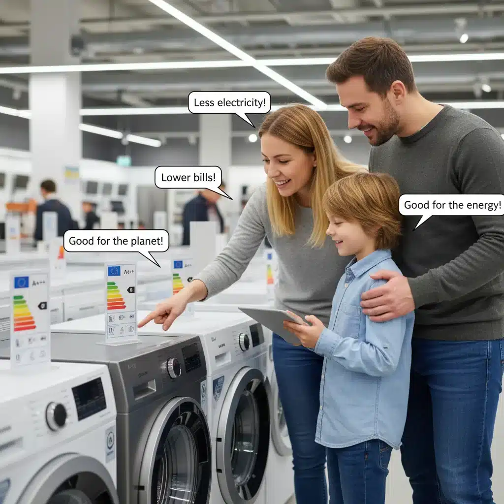 Familia consultando etiquetas energéticas de electrodomésticos en una tienda, debatiendo sobre la eficiencia y el ahorro.