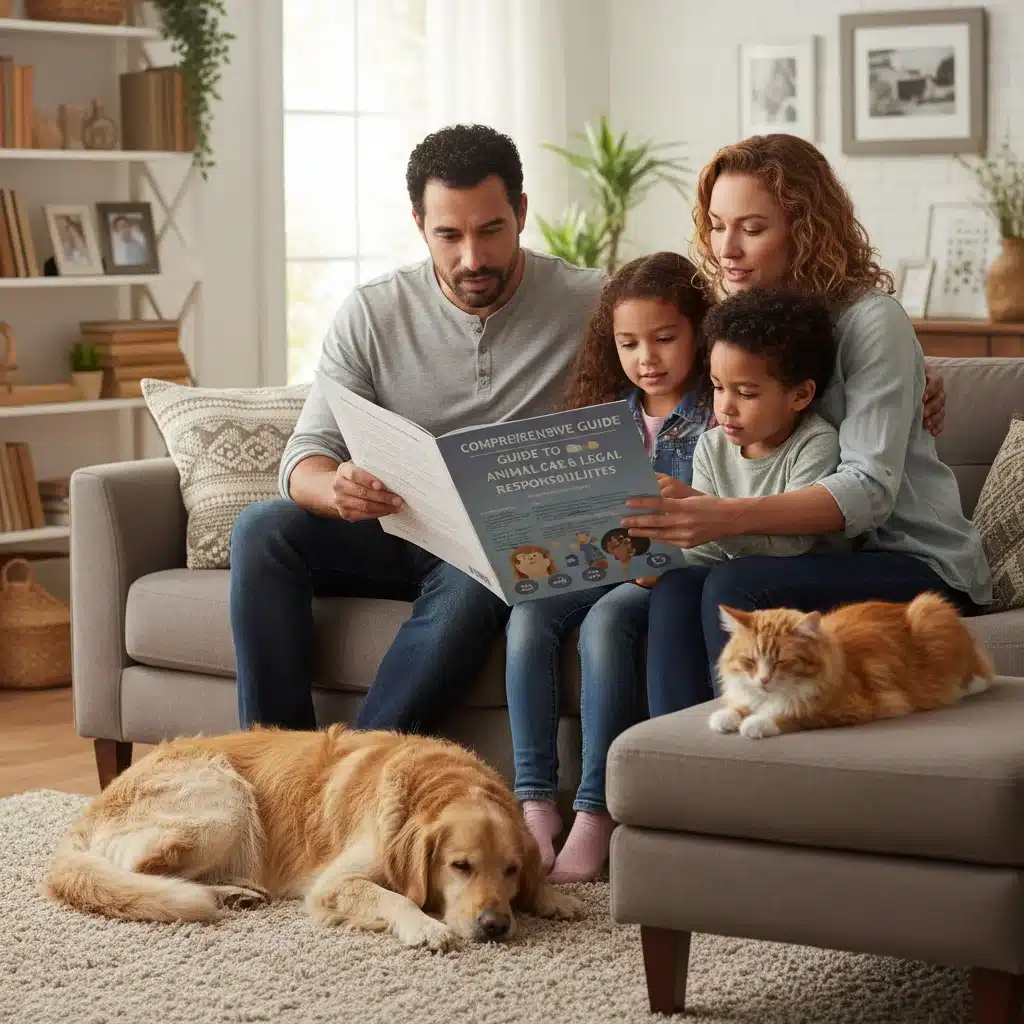 Familia leyendo guía sobre cuidado animal y responsabilidades legales con sus mascotas, fomentando la tenencia responsable.