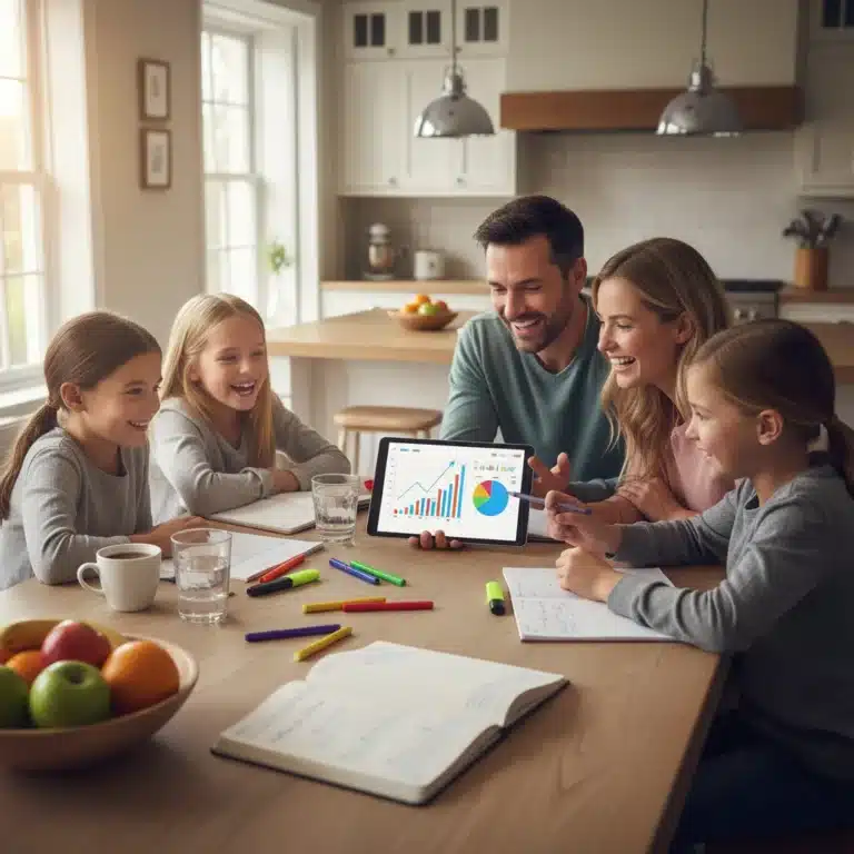 Familia planificando su presupuesto anual para 2026 en casa
