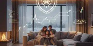 Familia feliz en un salón moderno, simbolizando la seguridad y protección de su hogar con un seguro adecuado en 2026.