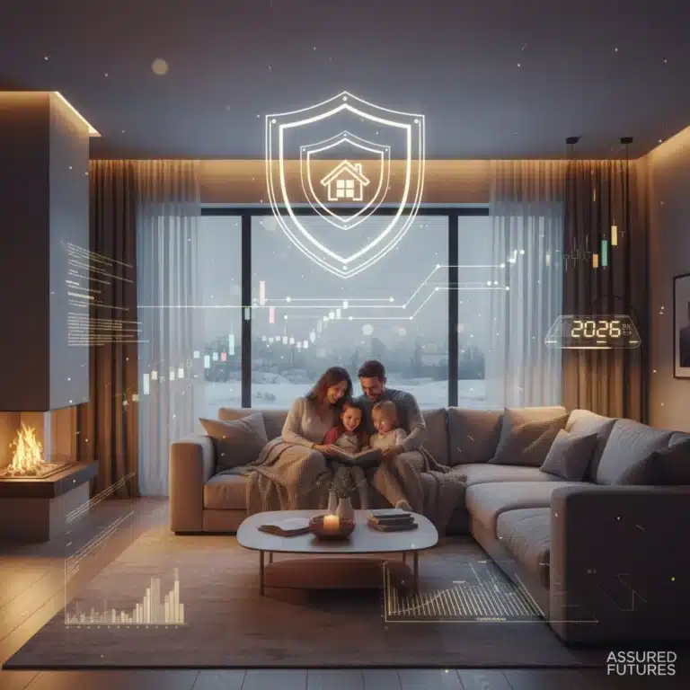 Familia feliz en un salón moderno, simbolizando la seguridad y protección de su hogar con un seguro adecuado en 2026.