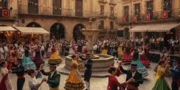 Festival tradicional español con bailarines en trajes regionales y arquitectura histórica al fondo.