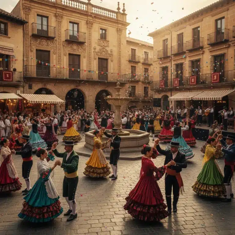 Festival tradicional español con bailarines en trajes regionales y arquitectura histórica al fondo.