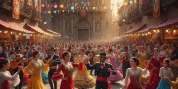 Gente celebrando en una fiesta popular española con trajes tradicionales y decoración colorida.