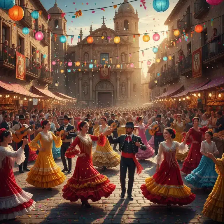 Gente celebrando en una fiesta popular española con trajes tradicionales y decoración colorida.