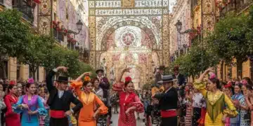 Gente celebrando una fiesta tradicional en España con trajes típicos y alegría.