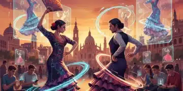 Bailarines de flamenco fusionados con elementos digitales futuristas, representando la intersección de tradición y tecnología en la cultura española.
