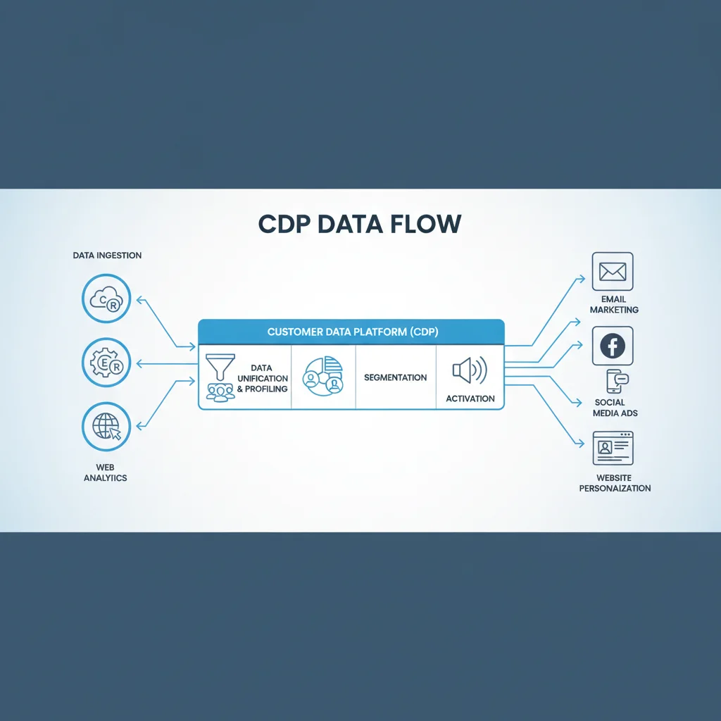 Diagrama de flujo de datos de una Plataforma de Datos del Cliente (CDP) desde la ingesta hasta la activación.