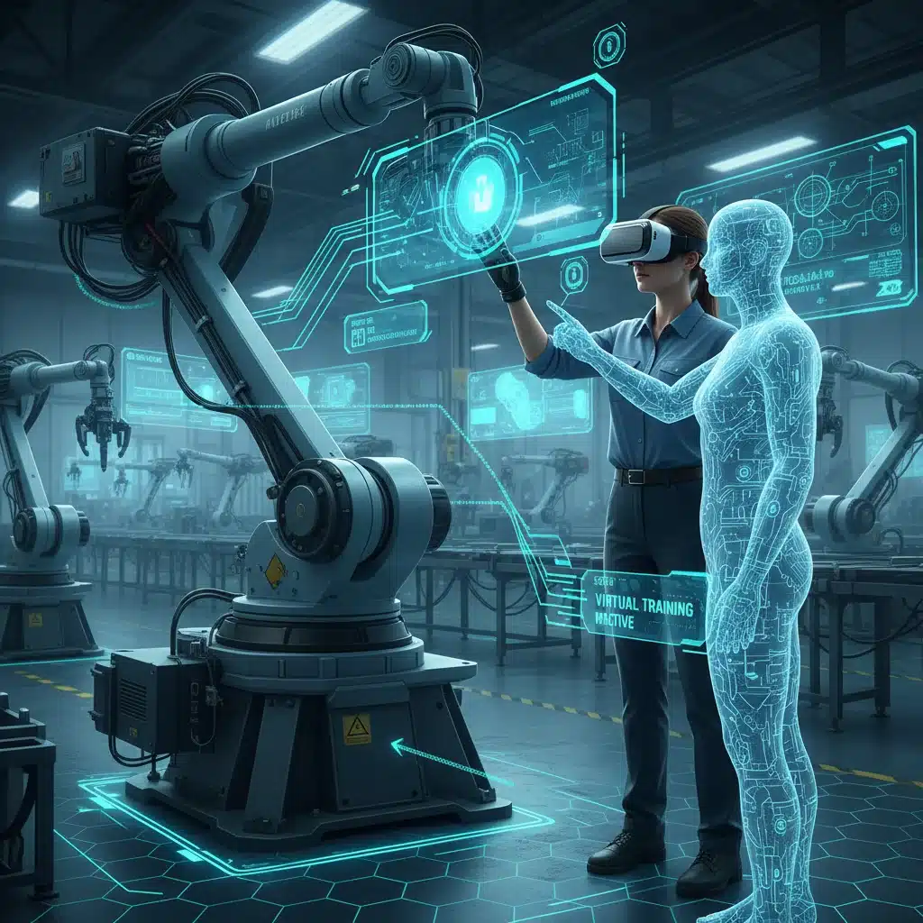 Empleada realizando formación inmersiva en metaverso sobre maquinaria industrial