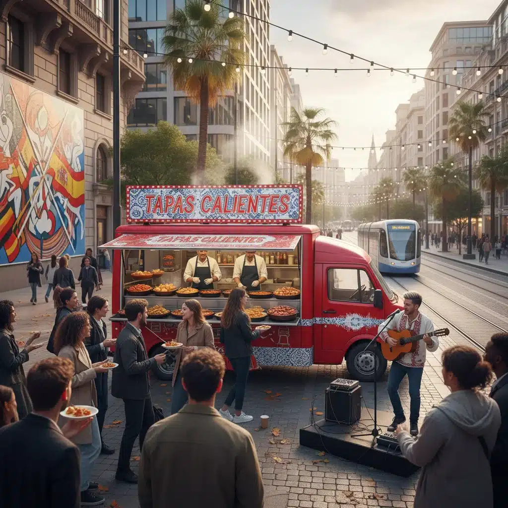 Escena urbana con un food truck de tapas y música fusión, mostrando la influencia cultural de la diáspora.