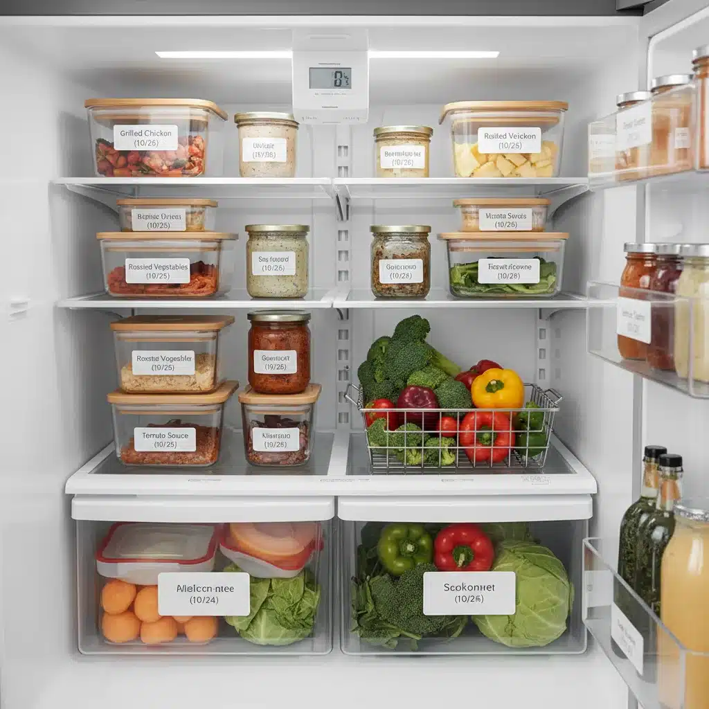 Refrigerador organizado con recipientes de comida preparada y sobras etiquetadas, mostrando gestión eficiente de alimentos.