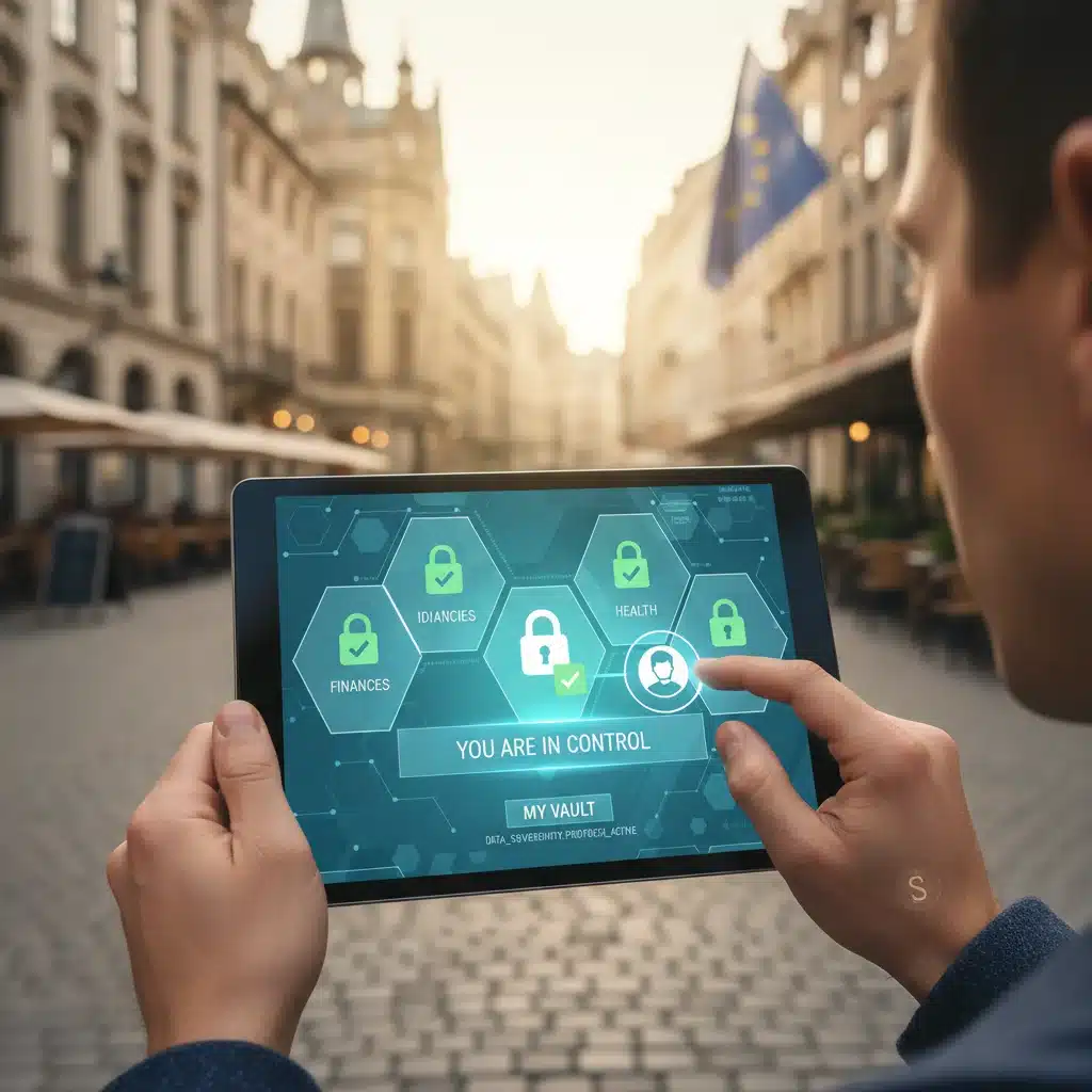 Usuario gestionando su identidad digital de forma segura y privada en un entorno descentralizado.