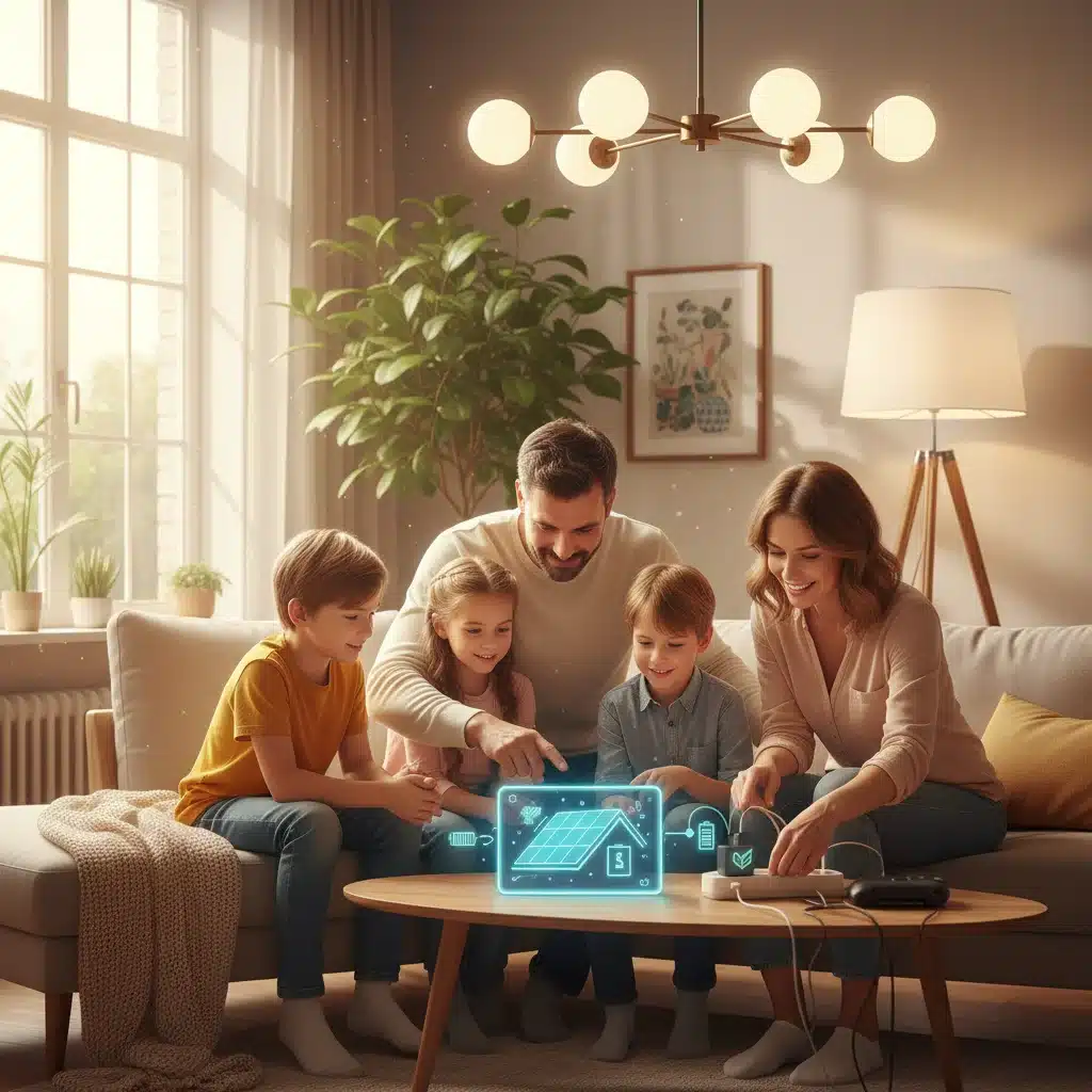 Familia en un salón luminoso adoptando hábitos de ahorro energético, con un diagrama de paneles solares.