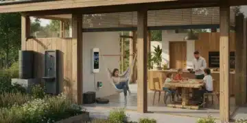 Hogar moderno y eficiente energéticamente con paneles solares y jardín verde