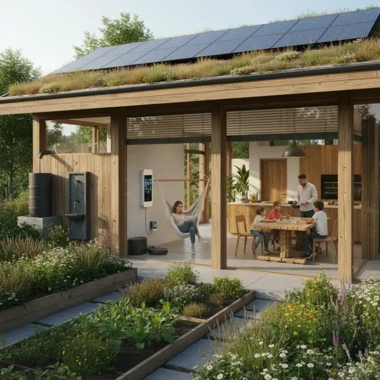 Hogar moderno y eficiente energéticamente con paneles solares y jardín verde