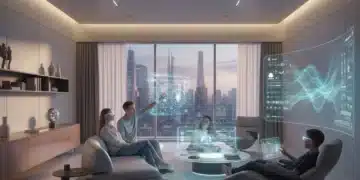 Interior de hogar inteligente futurista con iluminación ambiental y familia interactuando con IA invisible, reflejando las tendencias de 2026.