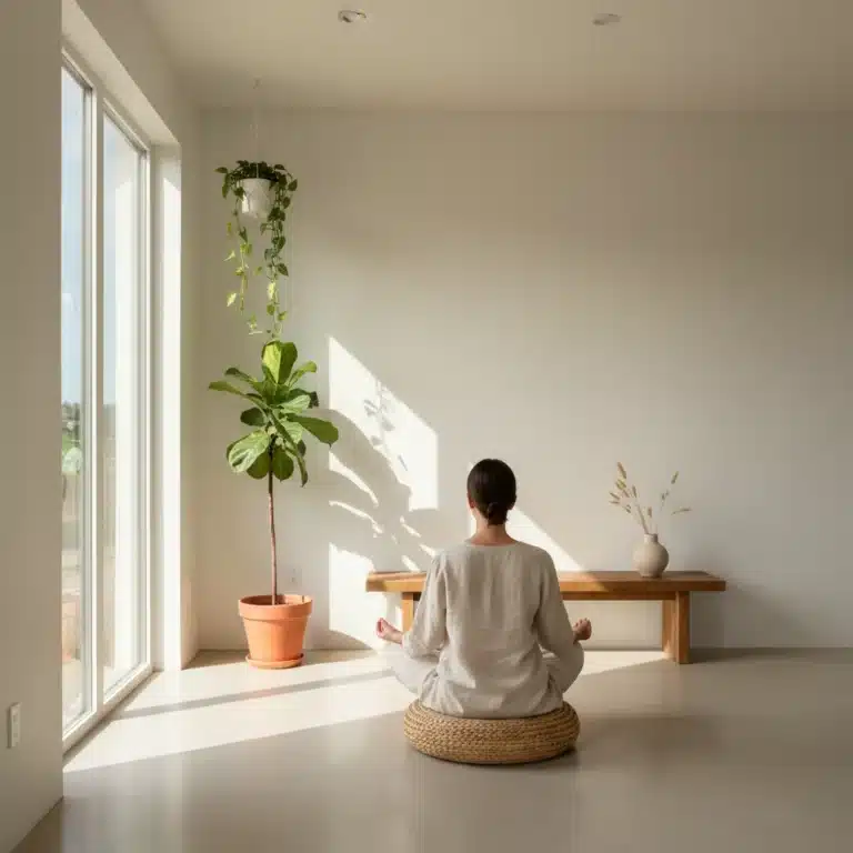 Interior de hogar minimalista con persona meditando, simbolizando paz y vida consciente.