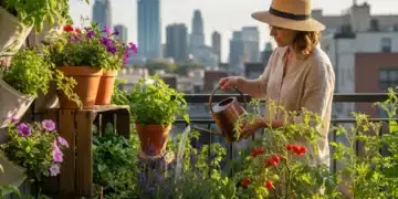 Mujer regando un huerto urbano en un balcón con vistas a la ciudad.